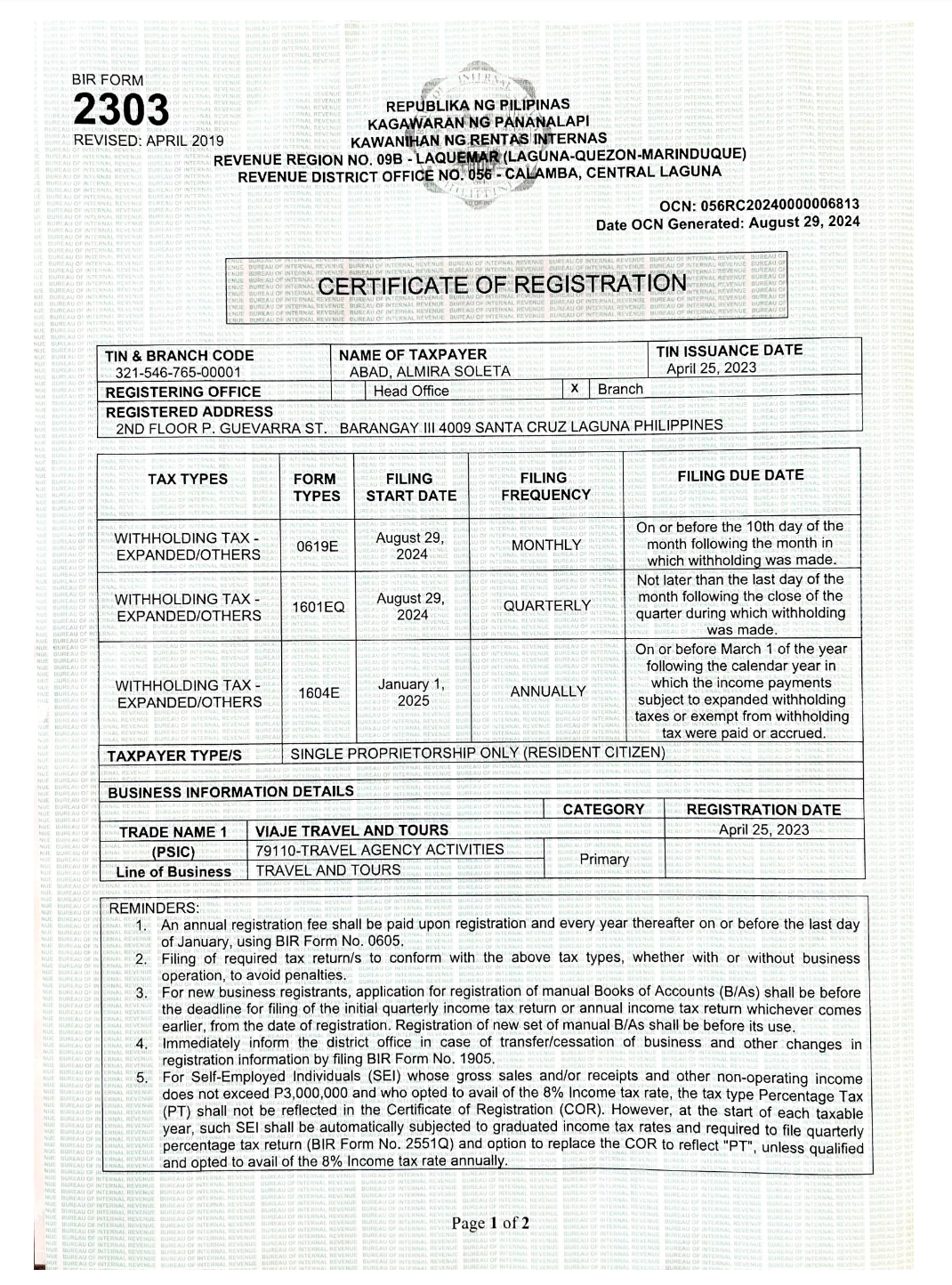 Certification of Registration