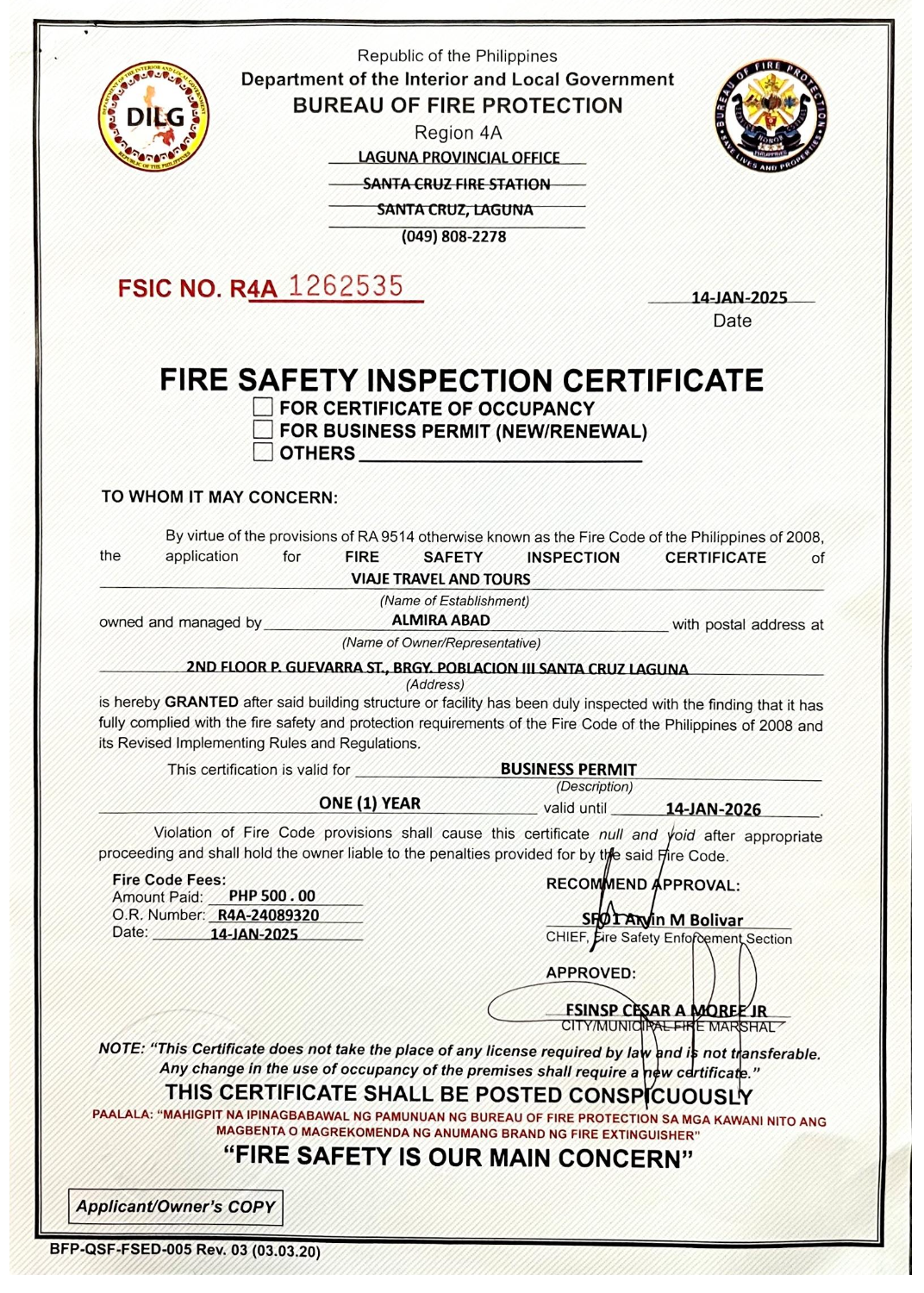 Fire Safety Inspection Certificate