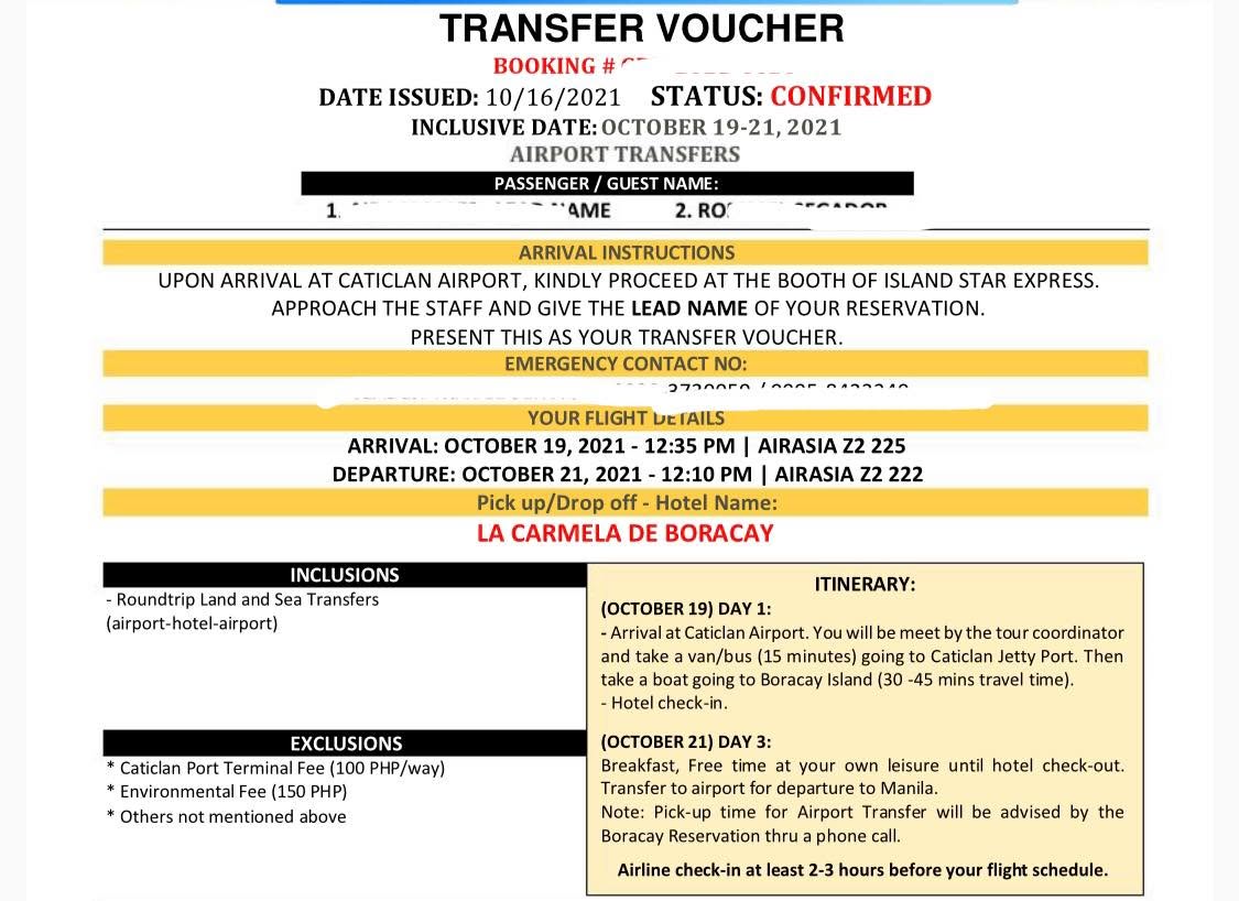La Carmela de Boracay Transfer Voucher proof 1